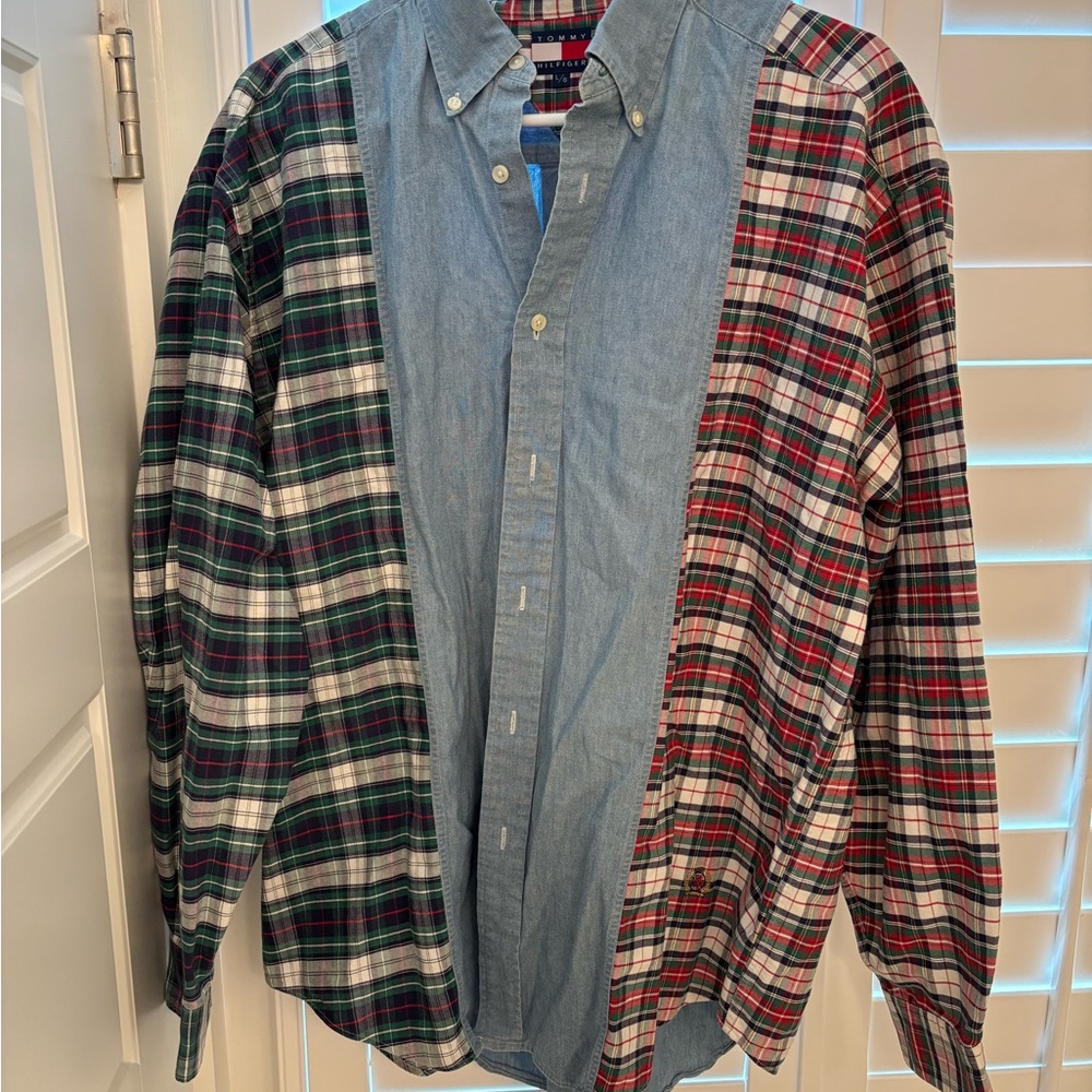 Tommy Hilfiger vintage 90s button up plaid and denim mens shirt large
